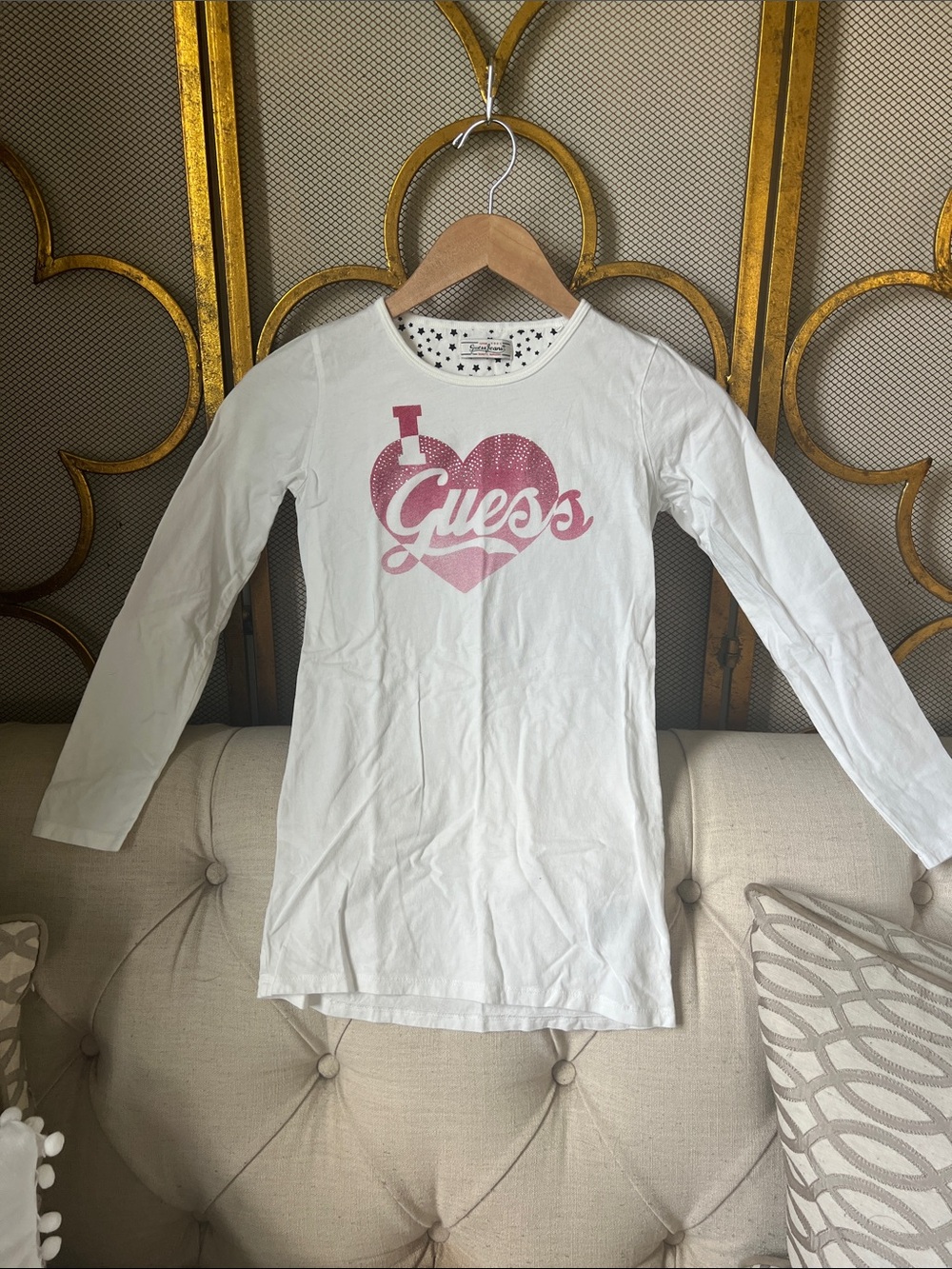 GUESS White Long-Sleeve Tee with Pink Heart Logo
